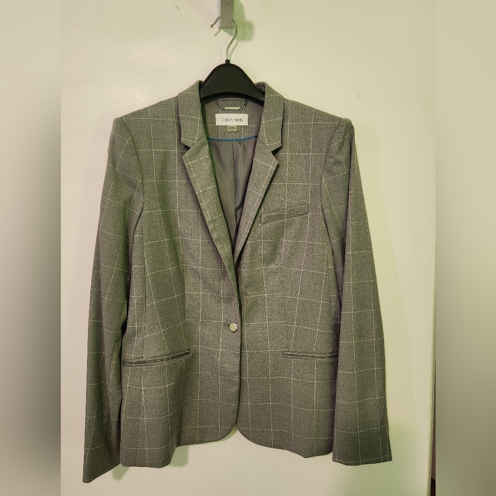 Calvin Klein Womens Checkered Gray Blazer- Size 14